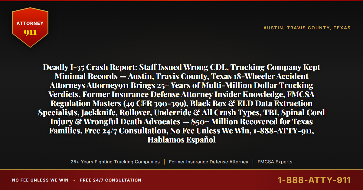 Deadly I-35 Crash Report: Staff Issued Wrong CDL, Trucking Company Kept Minimal Records — Austin, Travis County, Texas 18-Wheeler Accident Attorneys Attorney911 Brings 25+ Years of Multi-Million Dollar Trucking Verdicts, Former Insurance Defense Attorney Insider Knowledge, FMCSA Regulation Masters (49 CFR 390-399), Black Box & ELD Data Extraction Specialists, Jackknife, Rollover, Underride & All Crash Types, TBI, Spinal Cord Injury & Wrongful Death Advocates — $50+ Million Recovered for Texas Families, Free 24/7 Consultation, No Fee Unless We Win, 1-888-ATTY-911, Hablamos Español - Attorney911