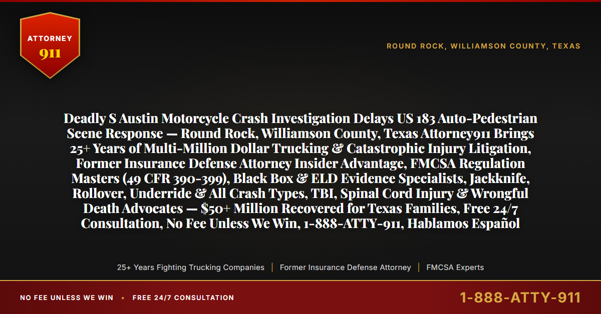 Deadly S Austin Motorcycle Crash Investigation Delays US 183 Auto-Pedestrian Scene Response — Round Rock, Williamson County, Texas Attorney911 Brings 25+ Years of Multi-Million Dollar Trucking & Catastrophic Injury Litigation, Former Insurance Defense Attorney Insider Advantage, FMCSA Regulation Masters (49 CFR 390-399), Black Box & ELD Evidence Specialists, Jackknife, Rollover, Underride & All Crash Types, TBI, Spinal Cord Injury & Wrongful Death Advocates — $50+ Million Recovered for Texas Families, Free 24/7 Consultation, No Fee Unless We Win, 1-888-ATTY-911, Hablamos Español - Attorney911