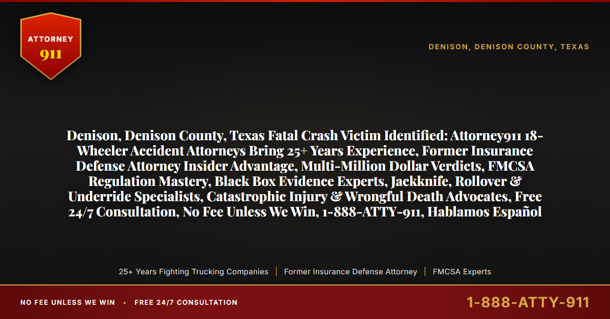 Denison, Denison County, Texas Fatal Crash Victim Identified: Attorney911 18-Wheeler Accident Attorneys Bring 25+ Years Experience, Former Insurance Defense Attorney Insider Advantage, Multi-Million Dollar Verdicts, FMCSA Regulation Mastery, Black Box Evidence Experts, Jackknife, Rollover & Underride Specialists, Catastrophic Injury & Wrongful Death Advocates, Free 24/7 Consultation, No Fee Unless We Win, 1-888-ATTY-911, Hablamos Español - Attorney911