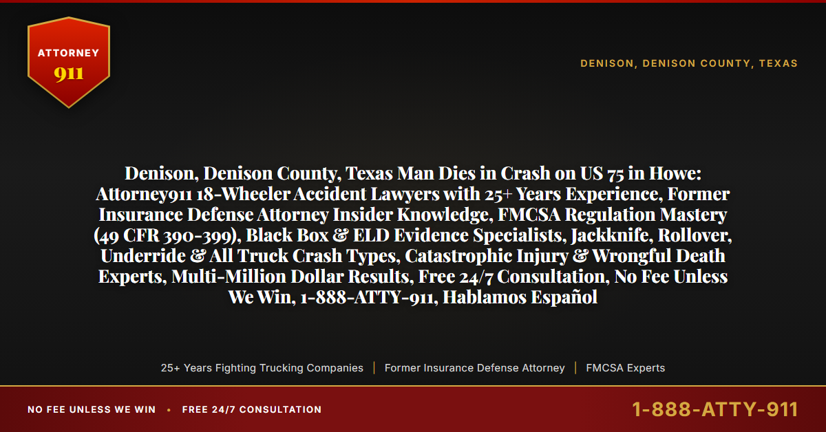 Denison, Denison County, Texas Man Dies in Crash on US 75 in Howe: Attorney911 18-Wheeler Accident Lawyers with 25+ Years Experience, Former Insurance Defense Attorney Insider Knowledge, FMCSA Regulation Mastery (49 CFR 390-399), Black Box & ELD Evidence Specialists, Jackknife, Rollover, Underride & All Truck Crash Types, Catastrophic Injury & Wrongful Death Experts, Multi-Million Dollar Results, Free 24/7 Consultation, No Fee Unless We Win, 1-888-ATTY-911, Hablamos Español - Attorney911