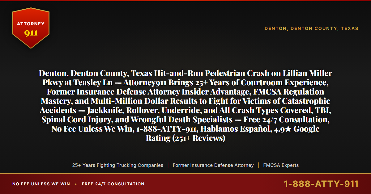 Denton, Denton County, Texas Hit-and-Run Pedestrian Crash on Lillian Miller Pkwy at Teasley Ln — Attorney911 Brings 25+ Years of Courtroom Experience, Former Insurance Defense Attorney Insider Advantage, FMCSA Regulation Mastery, and Multi-Million Dollar Results to Fight for Victims of Catastrophic Accidents — Jackknife, Rollover, Underride, and All Crash Types Covered, TBI, Spinal Cord Injury, and Wrongful Death Specialists — Free 24/7 Consultation, No Fee Unless We Win, 1-888-ATTY-911, Hablamos Español, 4.9★ Google Rating (251+ Reviews) - Attorney911