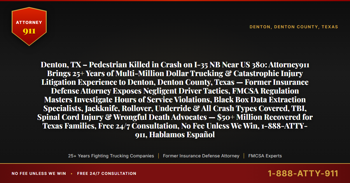 Denton, TX – Pedestrian Killed in Crash on I-35 NB Near US 380: Attorney911 Brings 25+ Years of Multi-Million Dollar Trucking & Catastrophic Injury Litigation Experience to Denton, Denton County, Texas — Former Insurance Defense Attorney Exposes Negligent Driver Tactics, FMCSA Regulation Masters Investigate Hours of Service Violations, Black Box Data Extraction Specialists, Jackknife, Rollover, Underride & All Crash Types Covered, TBI, Spinal Cord Injury & Wrongful Death Advocates — $50+ Million Recovered for Texas Families, Free 24/7 Consultation, No Fee Unless We Win, 1-888-ATTY-911, Hablamos Español - Attorney911