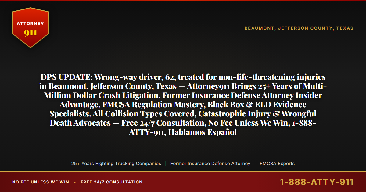 DPS UPDATE: Wrong-way driver, 62, treated for non-life-threatening injuries in Beaumont, Jefferson County, Texas — Attorney911 Brings 25+ Years of Multi-Million Dollar Crash Litigation, Former Insurance Defense Attorney Insider Advantage, FMCSA Regulation Mastery, Black Box & ELD Evidence Specialists, All Collision Types Covered, Catastrophic Injury & Wrongful Death Advocates — Free 24/7 Consultation, No Fee Unless We Win, 1-888-ATTY-911, Hablamos Español - Attorney911