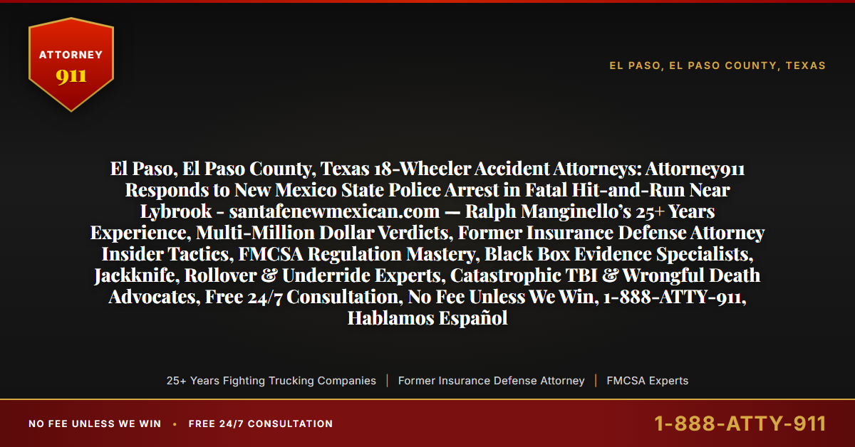 El Paso, El Paso County, Texas 18-Wheeler Accident Attorneys: Attorney911 Responds to New Mexico State Police Arrest in Fatal Hit-and-Run Near Lybrook - santafenewmexican.com — Ralph Manginello’s 25+ Years Experience, Multi-Million Dollar Verdicts, Former Insurance Defense Attorney Insider Tactics, FMCSA Regulation Mastery, Black Box Evidence Specialists, Jackknife, Rollover & Underride Experts, Catastrophic TBI & Wrongful Death Advocates, Free 24/7 Consultation, No Fee Unless We Win, 1-888-ATTY-911, Hablamos Español - Attorney911