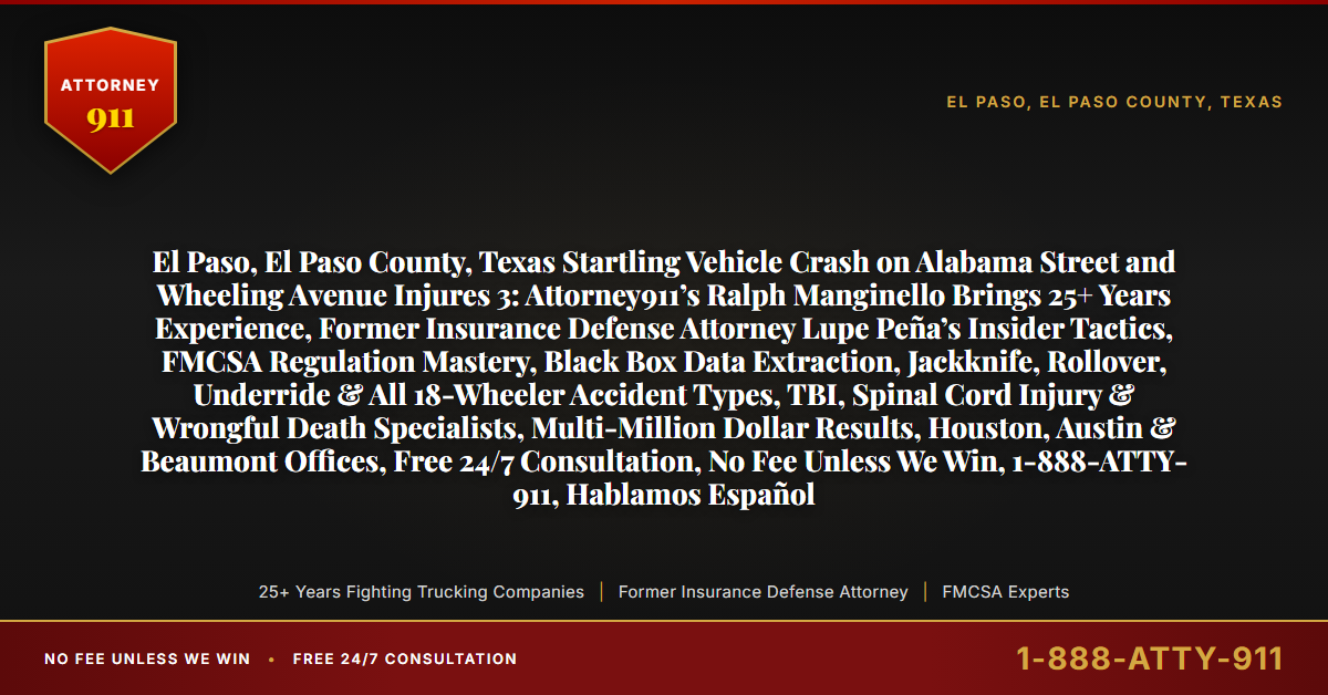 El Paso, El Paso County, Texas Startling Vehicle Crash on Alabama Street and Wheeling Avenue Injures 3: Attorney911’s Ralph Manginello Brings 25+ Years Experience, Former Insurance Defense Attorney Lupe Peña’s Insider Tactics, FMCSA Regulation Mastery, Black Box Data Extraction, Jackknife, Rollover, Underride & All 18-Wheeler Accident Types, TBI, Spinal Cord Injury & Wrongful Death Specialists, Multi-Million Dollar Results, Houston, Austin & Beaumont Offices, Free 24/7 Consultation, No Fee Unless We Win, 1-888-ATTY-911, Hablamos Español - Attorney911
