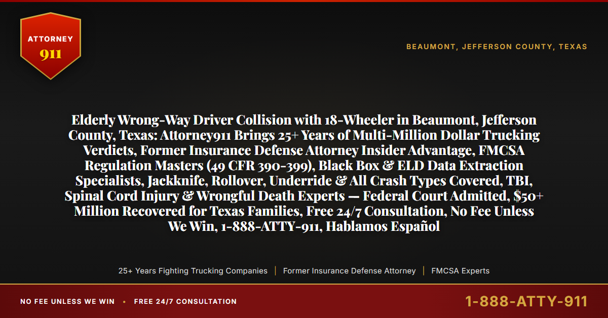 Elderly Wrong-Way Driver Collision with 18-Wheeler in Beaumont, Jefferson County, Texas: Attorney911 Brings 25+ Years of Multi-Million Dollar Trucking Verdicts, Former Insurance Defense Attorney Insider Advantage, FMCSA Regulation Masters (49 CFR 390-399), Black Box & ELD Data Extraction Specialists, Jackknife, Rollover, Underride & All Crash Types Covered, TBI, Spinal Cord Injury & Wrongful Death Experts — Federal Court Admitted, $50+ Million Recovered for Texas Families, Free 24/7 Consultation, No Fee Unless We Win, 1-888-ATTY-911, Hablamos Español - Attorney911