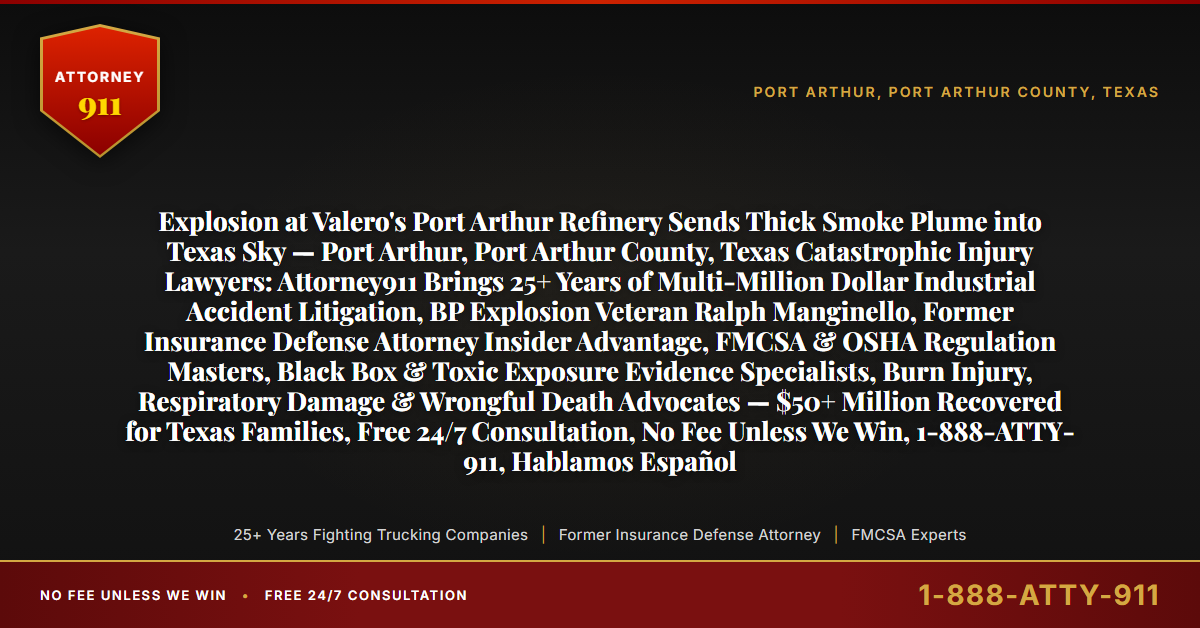 Explosion at Valero's Port Arthur Refinery Sends Thick Smoke Plume into Texas Sky — Port Arthur, Port Arthur County, Texas Catastrophic Injury Lawyers: Attorney911 Brings 25+ Years of Multi-Million Dollar Industrial Accident Litigation, BP Explosion Veteran Ralph Manginello, Former Insurance Defense Attorney Insider Advantage, FMCSA & OSHA Regulation Masters, Black Box & Toxic Exposure Evidence Specialists, Burn Injury, Respiratory Damage & Wrongful Death Advocates — $50+ Million Recovered for Texas Families, Free 24/7 Consultation, No Fee Unless We Win, 1-888-ATTY-911, Hablamos Español - Attorney911