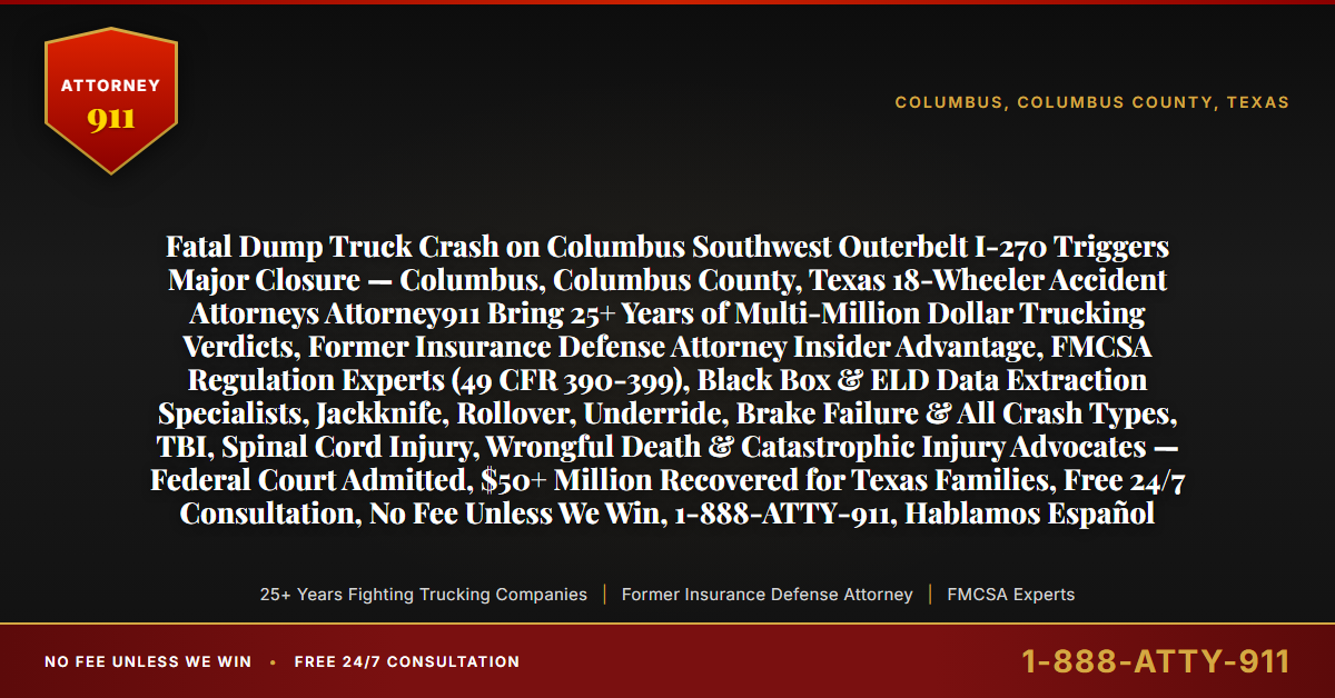 Fatal Dump Truck Crash on Columbus Southwest Outerbelt I-270 Triggers Major Closure — Columbus, Columbus County, Texas 18-Wheeler Accident Attorneys Attorney911 Bring 25+ Years of Multi-Million Dollar Trucking Verdicts, Former Insurance Defense Attorney Insider Advantage, FMCSA Regulation Experts (49 CFR 390-399), Black Box & ELD Data Extraction Specialists, Jackknife, Rollover, Underride, Brake Failure & All Crash Types, TBI, Spinal Cord Injury, Wrongful Death & Catastrophic Injury Advocates — Federal Court Admitted, $50+ Million Recovered for Texas Families, Free 24/7 Consultation, No Fee Unless We Win, 1-888-ATTY-911, Hablamos Español - Attorney911