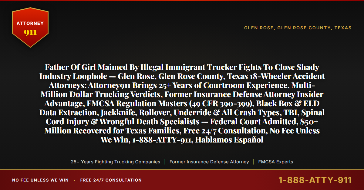 Father Of Girl Maimed By Illegal Immigrant Trucker Fights To Close Shady Industry Loophole — Glen Rose, Glen Rose County, Texas 18-Wheeler Accident Attorneys: Attorney911 Brings 25+ Years of Courtroom Experience, Multi-Million Dollar Trucking Verdicts, Former Insurance Defense Attorney Insider Advantage, FMCSA Regulation Masters (49 CFR 390-399), Black Box & ELD Data Extraction, Jackknife, Rollover, Underride & All Crash Types, TBI, Spinal Cord Injury & Wrongful Death Specialists — Federal Court Admitted, $50+ Million Recovered for Texas Families, Free 24/7 Consultation, No Fee Unless We Win, 1-888-ATTY-911, Hablamos Español - Attorney911