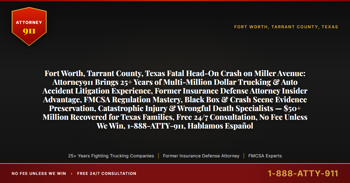 Fort Worth, Tarrant County, Texas Fatal Head-On Crash on Miller Avenue: Attorney911 Brings 25+ Years of Multi-Million Dollar Trucking & Auto Accident Litigation Experience, Former Insurance Defense Attorney Insider Advantage, FMCSA Regulation Mastery, Black Box & Crash Scene Evidence Preservation, Catastrophic Injury & Wrongful Death Specialists — $50+ Million Recovered for Texas Families, Free 24/7 Consultation, No Fee Unless We Win, 1-888-ATTY-911, Hablamos Español - Attorney911