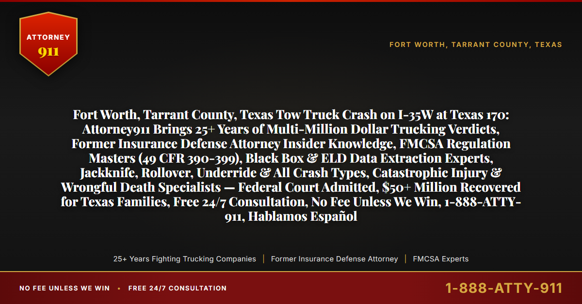 Fort Worth, Tarrant County, Texas Tow Truck Crash on I-35W at Texas 170: Attorney911 Brings 25+ Years of Multi-Million Dollar Trucking Verdicts, Former Insurance Defense Attorney Insider Knowledge, FMCSA Regulation Masters (49 CFR 390-399), Black Box & ELD Data Extraction Experts, Jackknife, Rollover, Underride & All Crash Types, Catastrophic Injury & Wrongful Death Specialists — Federal Court Admitted, $50+ Million Recovered for Texas Families, Free 24/7 Consultation, No Fee Unless We Win, 1-888-ATTY-911, Hablamos Español - Attorney911