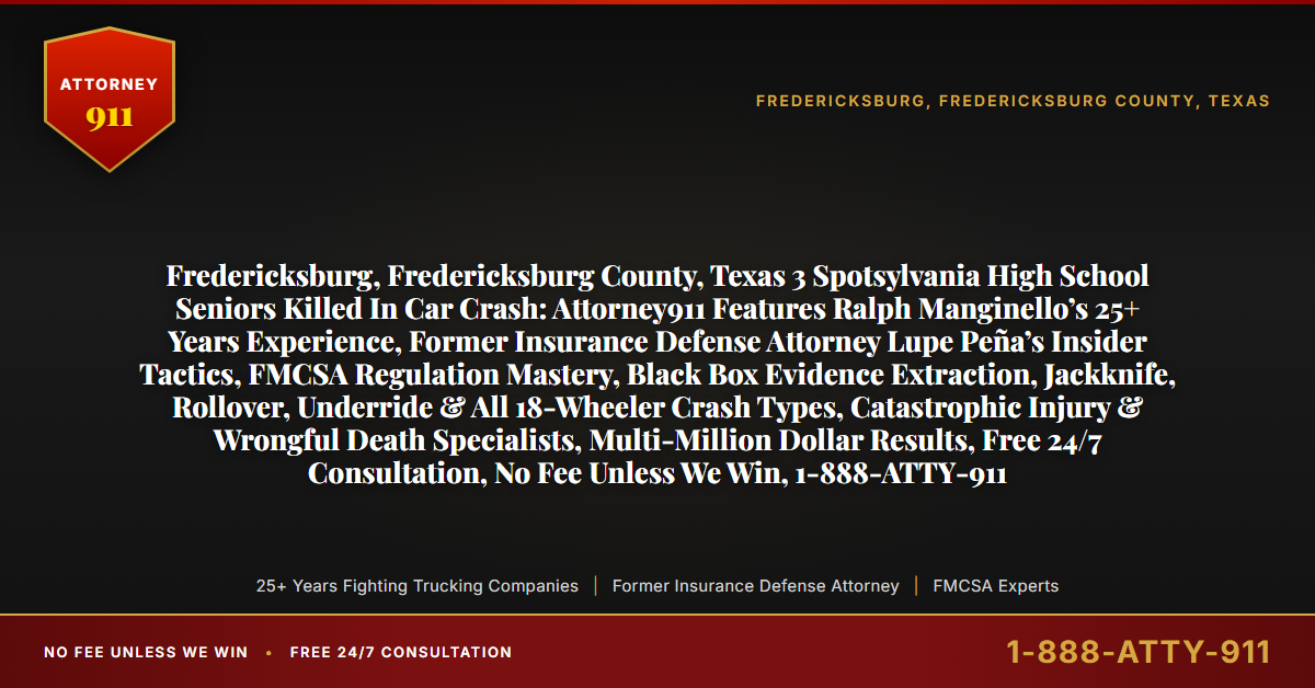 Fredericksburg, Fredericksburg County, Texas 3 Spotsylvania High School Seniors Killed In Car Crash: Attorney911 Features Ralph Manginello’s 25+ Years Experience, Former Insurance Defense Attorney Lupe Peña’s Insider Tactics, FMCSA Regulation Mastery, Black Box Evidence Extraction, Jackknife, Rollover, Underride & All 18-Wheeler Crash Types, Catastrophic Injury & Wrongful Death Specialists, Multi-Million Dollar Results, Free 24/7 Consultation, No Fee Unless We Win, 1-888-ATTY-911 - Attorney911