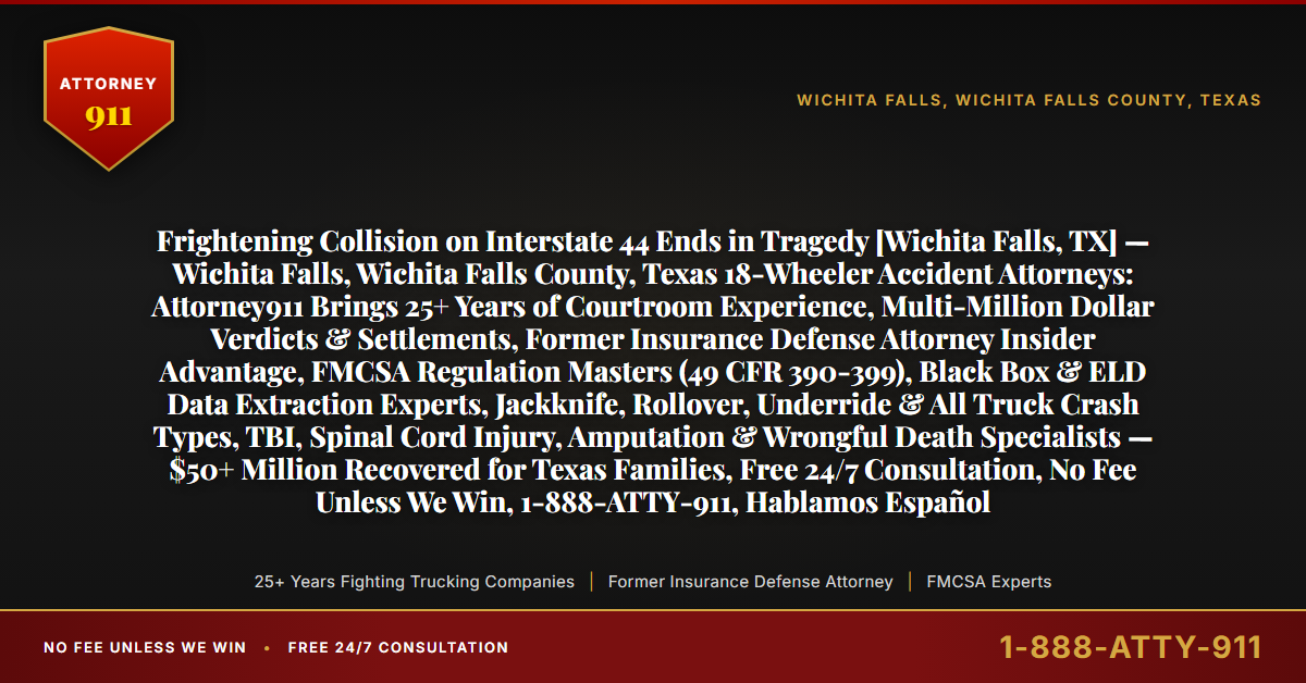 Frightening Collision on Interstate 44 Ends in Tragedy [Wichita Falls, TX] — Wichita Falls, Wichita Falls County, Texas 18-Wheeler Accident Attorneys: Attorney911 Brings 25+ Years of Courtroom Experience, Multi-Million Dollar Verdicts & Settlements, Former Insurance Defense Attorney Insider Advantage, FMCSA Regulation Masters (49 CFR 390-399), Black Box & ELD Data Extraction Experts, Jackknife, Rollover, Underride & All Truck Crash Types, TBI, Spinal Cord Injury, Amputation & Wrongful Death Specialists — $50+ Million Recovered for Texas Families, Free 24/7 Consultation, No Fee Unless We Win, 1-888-ATTY-911, Hablamos Español - Attorney911