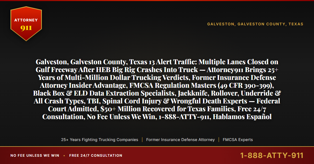 Galveston, Galveston County, Texas 13 Alert Traffic: Multiple Lanes Closed on Gulf Freeway After HEB Big Rig Crashes Into Truck — Attorney911 Brings 25+ Years of Multi-Million Dollar Trucking Verdicts, Former Insurance Defense Attorney Insider Advantage, FMCSA Regulation Masters (49 CFR 390-399), Black Box & ELD Data Extraction Specialists, Jackknife, Rollover, Underride & All Crash Types, TBI, Spinal Cord Injury & Wrongful Death Experts — Federal Court Admitted, $50+ Million Recovered for Texas Families, Free 24/7 Consultation, No Fee Unless We Win, 1-888-ATTY-911, Hablamos Español - Attorney911