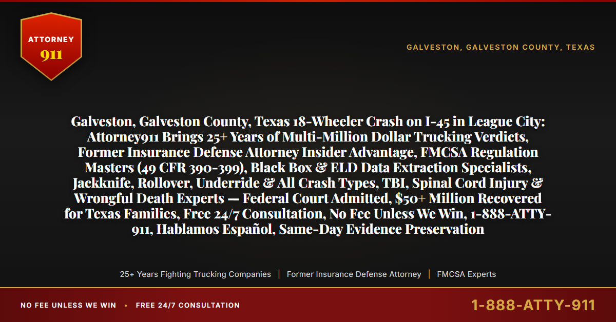 Galveston, Galveston County, Texas 18-Wheeler Crash on I-45 in League City: Attorney911 Brings 25+ Years of Multi-Million Dollar Trucking Verdicts, Former Insurance Defense Attorney Insider Advantage, FMCSA Regulation Masters (49 CFR 390-399), Black Box & ELD Data Extraction Specialists, Jackknife, Rollover, Underride & All Crash Types, TBI, Spinal Cord Injury & Wrongful Death Experts — Federal Court Admitted, $50+ Million Recovered for Texas Families, Free 24/7 Consultation, No Fee Unless We Win, 1-888-ATTY-911, Hablamos Español, Same-Day Evidence Preservation - Attorney911