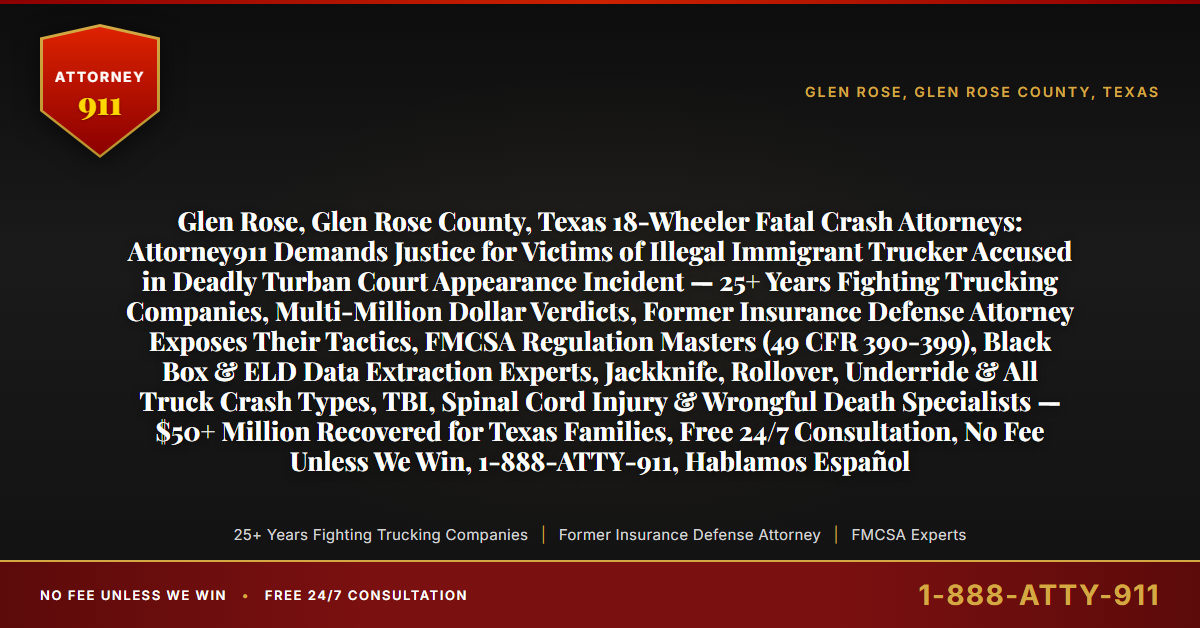 Glen Rose, Glen Rose County, Texas 18-Wheeler Fatal Crash Attorneys: Attorney911 Demands Justice for Victims of Illegal Immigrant Trucker Accused in Deadly Turban Court Appearance Incident — 25+ Years Fighting Trucking Companies, Multi-Million Dollar Verdicts, Former Insurance Defense Attorney Exposes Their Tactics, FMCSA Regulation Masters (49 CFR 390-399), Black Box & ELD Data Extraction Experts, Jackknife, Rollover, Underride & All Truck Crash Types, TBI, Spinal Cord Injury & Wrongful Death Specialists — $50+ Million Recovered for Texas Families, Free 24/7 Consultation, No Fee Unless We Win, 1-888-ATTY-911, Hablamos Español - Attorney911
