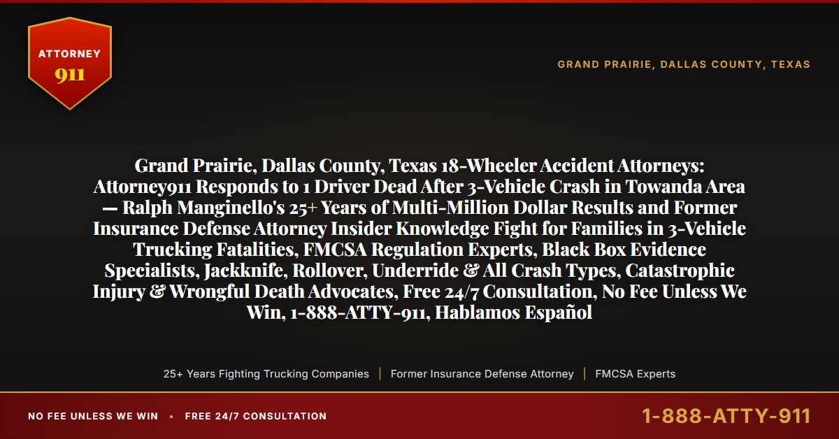Grand Prairie, Dallas County, Texas 18-Wheeler Accident Attorneys: Attorney911 Responds to 1 Driver Dead After 3-Vehicle Crash in Towanda Area — Ralph Manginello's 25+ Years of Multi-Million Dollar Results and Former Insurance Defense Attorney Insider Knowledge Fight for Families in 3-Vehicle Trucking Fatalities, FMCSA Regulation Experts, Black Box Evidence Specialists, Jackknife, Rollover, Underride & All Crash Types, Catastrophic Injury & Wrongful Death Advocates, Free 24/7 Consultation, No Fee Unless We Win, 1-888-ATTY-911, Hablamos Español - Attorney911
