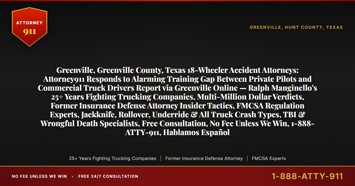 Greenville, Greenville County, Texas 18-Wheeler Accident Attorneys: Attorney911 Responds to Alarming Training Gap Between Private Pilots and Commercial Truck Drivers Report via Greenville Online — Ralph Manginello’s 25+ Years Fighting Trucking Companies, Multi-Million Dollar Verdicts, Former Insurance Defense Attorney Insider Tactics, FMCSA Regulation Experts, Jackknife, Rollover, Underride & All Truck Crash Types, TBI & Wrongful Death Specialists, Free Consultation, No Fee Unless We Win, 1-888-ATTY-911, Hablamos Español - Attorney911