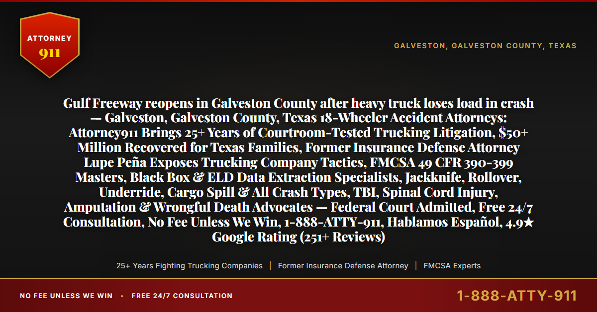 Gulf Freeway reopens in Galveston County after heavy truck loses load in crash — Galveston, Galveston County, Texas 18-Wheeler Accident Attorneys: Attorney911 Brings 25+ Years of Courtroom-Tested Trucking Litigation, $50+ Million Recovered for Texas Families, Former Insurance Defense Attorney Lupe Peña Exposes Trucking Company Tactics, FMCSA 49 CFR 390-399 Masters, Black Box & ELD Data Extraction Specialists, Jackknife, Rollover, Underride, Cargo Spill & All Crash Types, TBI, Spinal Cord Injury, Amputation & Wrongful Death Advocates — Federal Court Admitted, Free 24/7 Consultation, No Fee Unless We Win, 1-888-ATTY-911, Hablamos Español, 4.9★ Google Rating (251+ Reviews) - Attorney911
