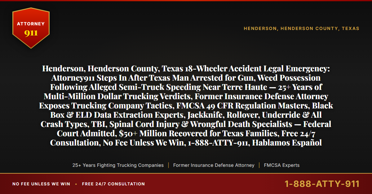 Henderson, Henderson County, Texas 18-Wheeler Accident Legal Emergency: Attorney911 Steps In After Texas Man Arrested for Gun, Weed Possession Following Alleged Semi-Truck Speeding Near Terre Haute — 25+ Years of Multi-Million Dollar Trucking Verdicts, Former Insurance Defense Attorney Exposes Trucking Company Tactics, FMCSA 49 CFR Regulation Masters, Black Box & ELD Data Extraction Experts, Jackknife, Rollover, Underride & All Crash Types, TBI, Spinal Cord Injury & Wrongful Death Specialists — Federal Court Admitted, $50+ Million Recovered for Texas Families, Free 24/7 Consultation, No Fee Unless We Win, 1-888-ATTY-911, Hablamos Español - Attorney911