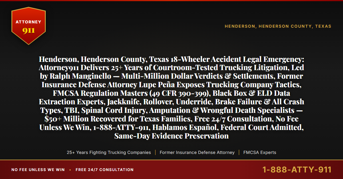 Henderson, Henderson County, Texas 18-Wheeler Accident Legal Emergency: Attorney911 Delivers 25+ Years of Courtroom-Tested Trucking Litigation, Led by Ralph Manginello — Multi-Million Dollar Verdicts & Settlements, Former Insurance Defense Attorney Lupe Peña Exposes Trucking Company Tactics, FMCSA Regulation Masters (49 CFR 390-399), Black Box & ELD Data Extraction Experts, Jackknife, Rollover, Underride, Brake Failure & All Crash Types, TBI, Spinal Cord Injury, Amputation & Wrongful Death Specialists — $50+ Million Recovered for Texas Families, Free 24/7 Consultation, No Fee Unless We Win, 1-888-ATTY-911, Hablamos Español, Federal Court Admitted, Same-Day Evidence Preservation - Attorney911