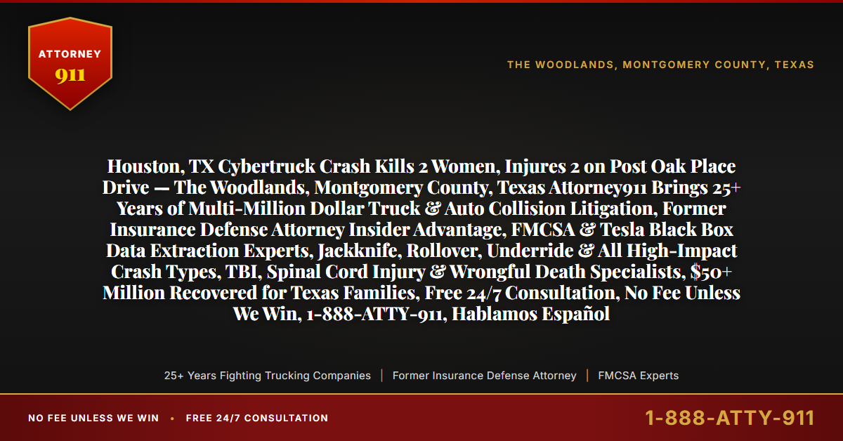 Houston, TX Cybertruck Crash Kills 2 Women, Injures 2 on Post Oak Place Drive — The Woodlands, Montgomery County, Texas Attorney911 Brings 25+ Years of Multi-Million Dollar Truck & Auto Collision Litigation, Former Insurance Defense Attorney Insider Advantage, FMCSA & Tesla Black Box Data Extraction Experts, Jackknife, Rollover, Underride & All High-Impact Crash Types, TBI, Spinal Cord Injury & Wrongful Death Specialists, $50+ Million Recovered for Texas Families, Free 24/7 Consultation, No Fee Unless We Win, 1-888-ATTY-911, Hablamos Español - Attorney911