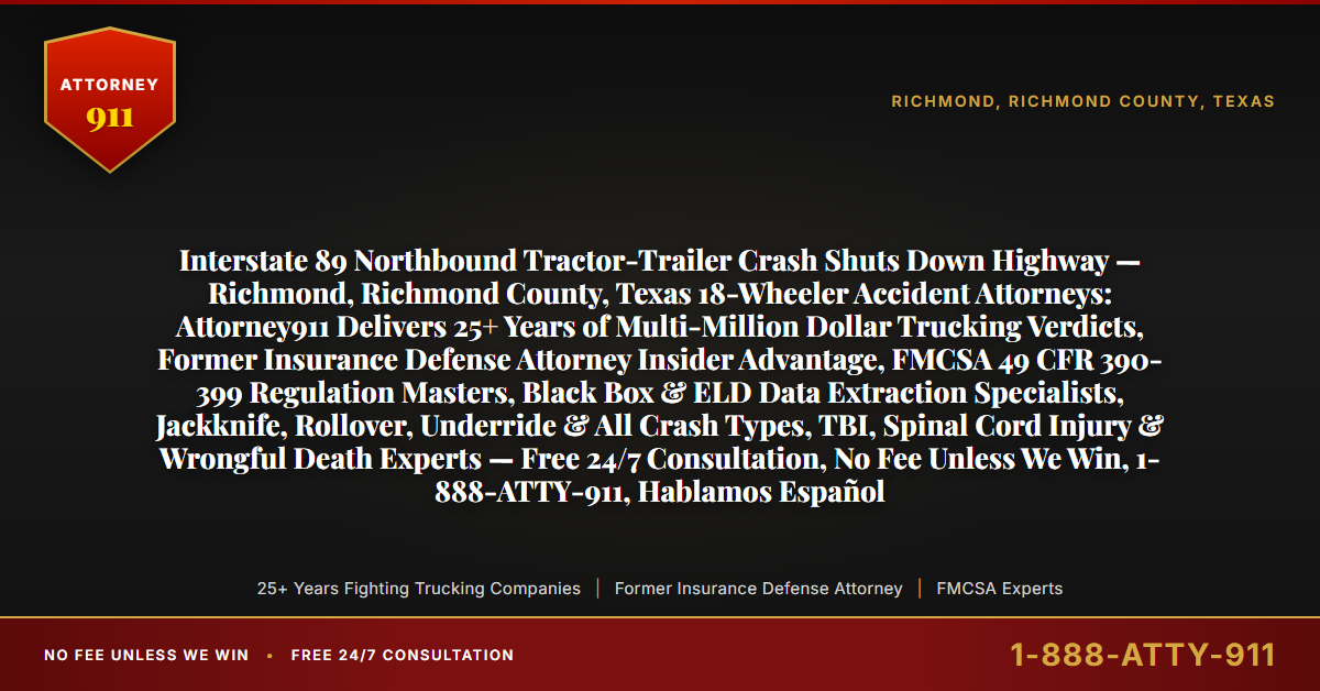 Interstate 89 Northbound Tractor-Trailer Crash Shuts Down Highway — Richmond, Richmond County, Texas 18-Wheeler Accident Attorneys: Attorney911 Delivers 25+ Years of Multi-Million Dollar Trucking Verdicts, Former Insurance Defense Attorney Insider Advantage, FMCSA 49 CFR 390-399 Regulation Masters, Black Box & ELD Data Extraction Specialists, Jackknife, Rollover, Underride & All Crash Types, TBI, Spinal Cord Injury & Wrongful Death Experts — Free 24/7 Consultation, No Fee Unless We Win, 1-888-ATTY-911, Hablamos Español - Attorney911
