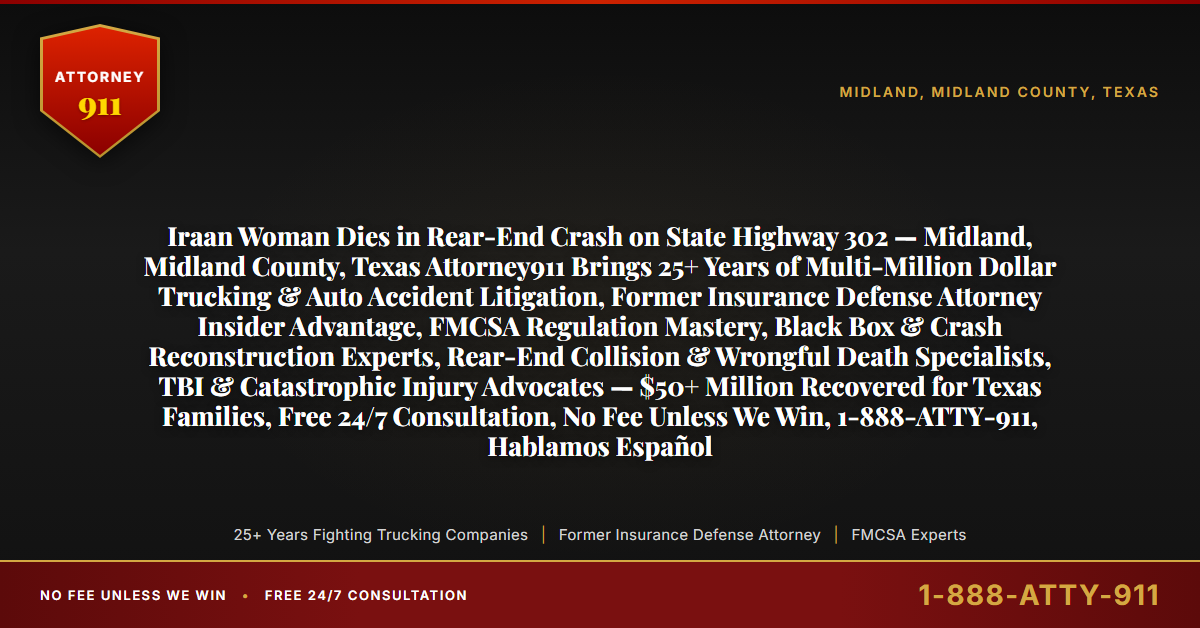 Iraan Woman Dies in Rear-End Crash on State Highway 302 — Midland, Midland County, Texas Attorney911 Brings 25+ Years of Multi-Million Dollar Trucking & Auto Accident Litigation, Former Insurance Defense Attorney Insider Advantage, FMCSA Regulation Mastery, Black Box & Crash Reconstruction Experts, Rear-End Collision & Wrongful Death Specialists, TBI & Catastrophic Injury Advocates — $50+ Million Recovered for Texas Families, Free 24/7 Consultation, No Fee Unless We Win, 1-888-ATTY-911, Hablamos Español - Attorney911