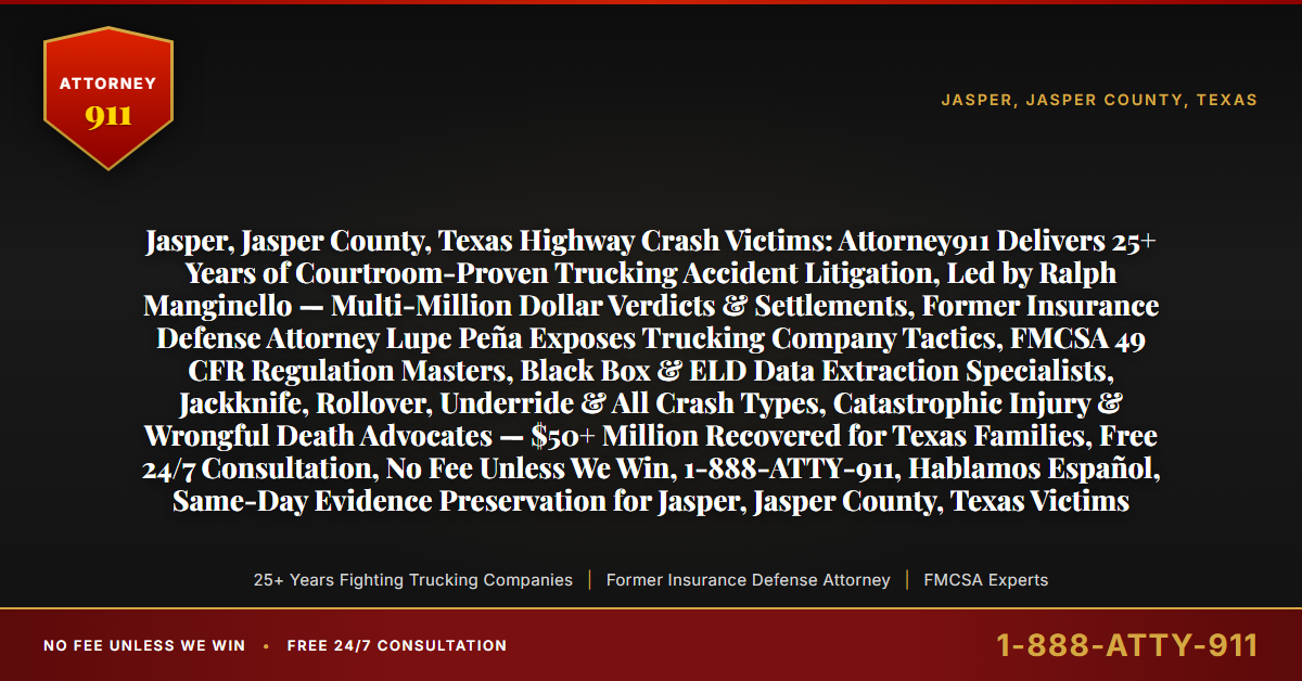 Jasper, Jasper County, Texas Highway Crash Victims: Attorney911 Delivers 25+ Years of Courtroom-Proven Trucking Accident Litigation, Led by Ralph Manginello — Multi-Million Dollar Verdicts & Settlements, Former Insurance Defense Attorney Lupe Peña Exposes Trucking Company Tactics, FMCSA 49 CFR Regulation Masters, Black Box & ELD Data Extraction Specialists, Jackknife, Rollover, Underride & All Crash Types, Catastrophic Injury & Wrongful Death Advocates — $50+ Million Recovered for Texas Families, Free 24/7 Consultation, No Fee Unless We Win, 1-888-ATTY-911, Hablamos Español, Same-Day Evidence Preservation for Jasper, Jasper County, Texas Victims - Attorney911