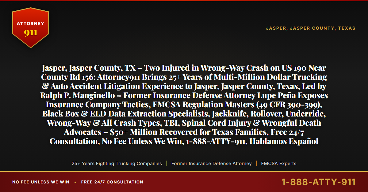 Jasper, Jasper County, TX – Two Injured in Wrong-Way Crash on US 190 Near County Rd 156: Attorney911 Brings 25+ Years of Multi-Million Dollar Trucking & Auto Accident Litigation Experience to Jasper, Jasper County, Texas, Led by Ralph P. Manginello – Former Insurance Defense Attorney Lupe Peña Exposes Insurance Company Tactics, FMCSA Regulation Masters (49 CFR 390-399), Black Box & ELD Data Extraction Specialists, Jackknife, Rollover, Underride, Wrong-Way & All Crash Types, TBI, Spinal Cord Injury & Wrongful Death Advocates – $50+ Million Recovered for Texas Families, Free 24/7 Consultation, No Fee Unless We Win, 1-888-ATTY-911, Hablamos Español - Attorney911