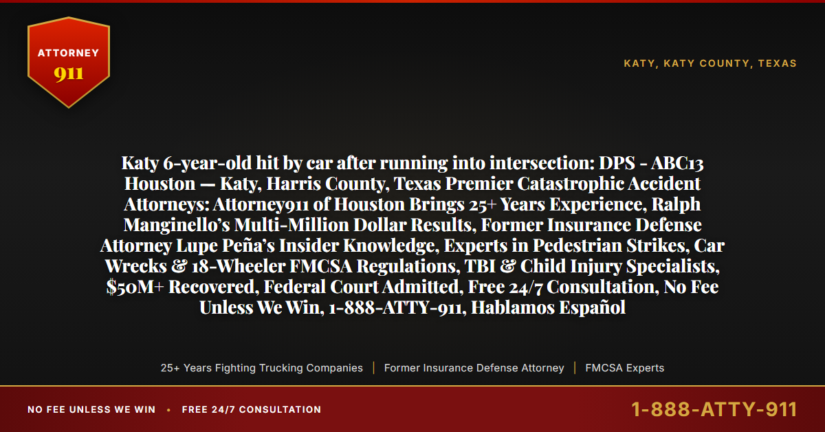 Katy 6-year-old hit by car after running into intersection: DPS - ABC13 Houston — Katy, Harris County, Texas Premier Catastrophic Accident Attorneys: Attorney911 of Houston Brings 25+ Years Experience, Ralph Manginello’s Multi-Million Dollar Results, Former Insurance Defense Attorney Lupe Peña’s Insider Knowledge, Experts in Pedestrian Strikes, Car Wrecks & 18-Wheeler FMCSA Regulations, TBI & Child Injury Specialists, $50M+ Recovered, Federal Court Admitted, Free 24/7 Consultation, No Fee Unless We Win, 1-888-ATTY-911, Hablamos Español - Attorney911