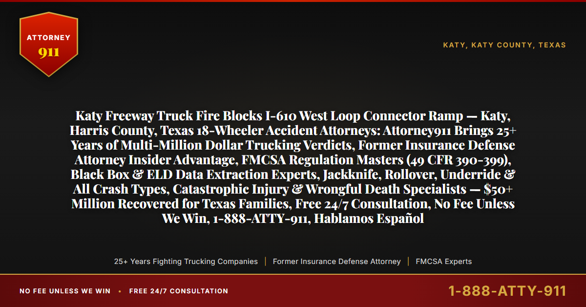 Katy Freeway Truck Fire Blocks I-610 West Loop Connector Ramp — Katy, Harris County, Texas 18-Wheeler Accident Attorneys: Attorney911 Brings 25+ Years of Multi-Million Dollar Trucking Verdicts, Former Insurance Defense Attorney Insider Advantage, FMCSA Regulation Masters (49 CFR 390-399), Black Box & ELD Data Extraction Experts, Jackknife, Rollover, Underride & All Crash Types, Catastrophic Injury & Wrongful Death Specialists — $50+ Million Recovered for Texas Families, Free 24/7 Consultation, No Fee Unless We Win, 1-888-ATTY-911, Hablamos Español - Attorney911