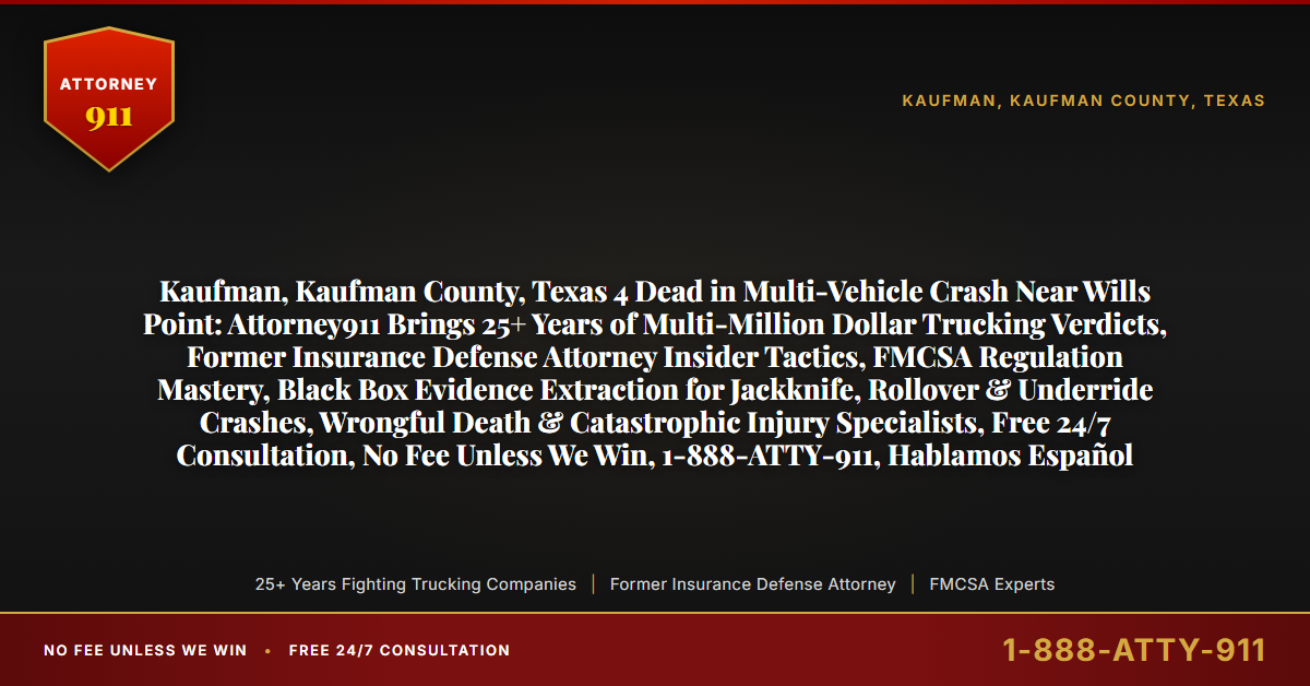 Kaufman, Kaufman County, Texas 4 Dead in Multi-Vehicle Crash Near Wills Point: Attorney911 Brings 25+ Years of Multi-Million Dollar Trucking Verdicts, Former Insurance Defense Attorney Insider Tactics, FMCSA Regulation Mastery, Black Box Evidence Extraction for Jackknife, Rollover & Underride Crashes, Wrongful Death & Catastrophic Injury Specialists, Free 24/7 Consultation, No Fee Unless We Win, 1-888-ATTY-911, Hablamos Español - Attorney911