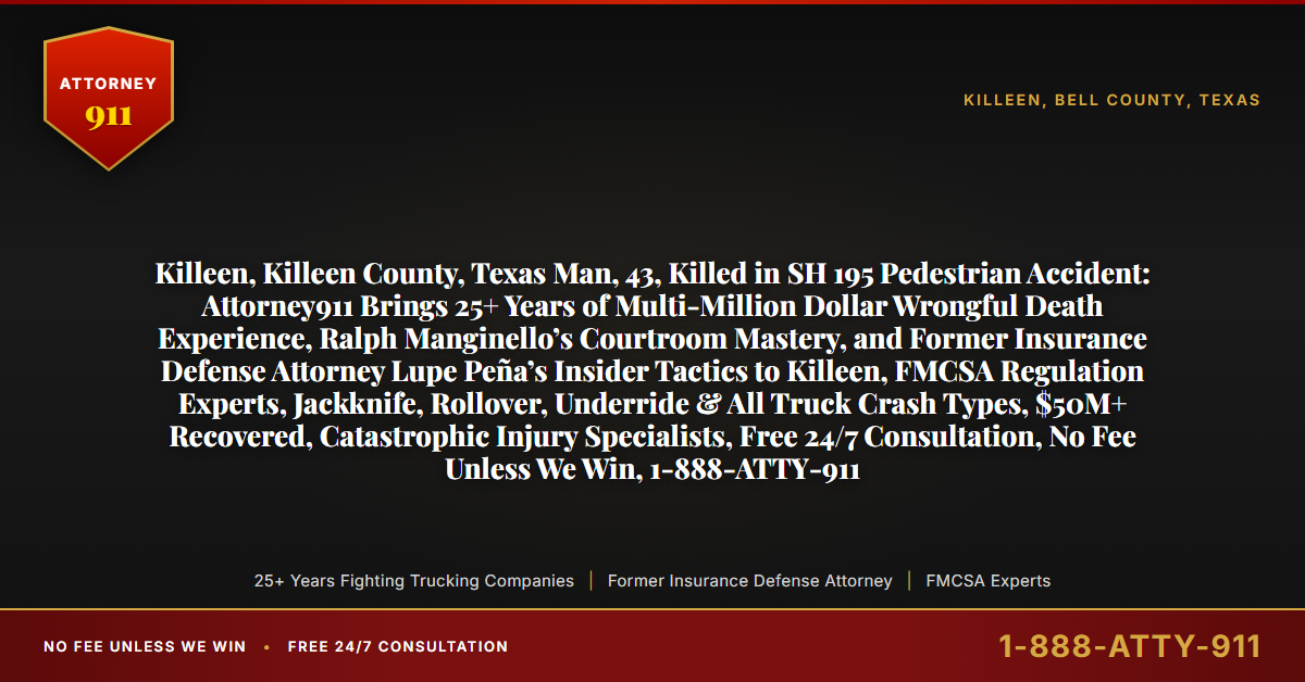 Killeen, Killeen County, Texas Man, 43, Killed in SH 195 Pedestrian Accident: Attorney911 Brings 25+ Years of Multi-Million Dollar Wrongful Death Experience, Ralph Manginello’s Courtroom Mastery, and Former Insurance Defense Attorney Lupe Peña’s Insider Tactics to Killeen, FMCSA Regulation Experts, Jackknife, Rollover, Underride & All Truck Crash Types, $50M+ Recovered, Catastrophic Injury Specialists, Free 24/7 Consultation, No Fee Unless We Win, 1-888-ATTY-911 - Attorney911