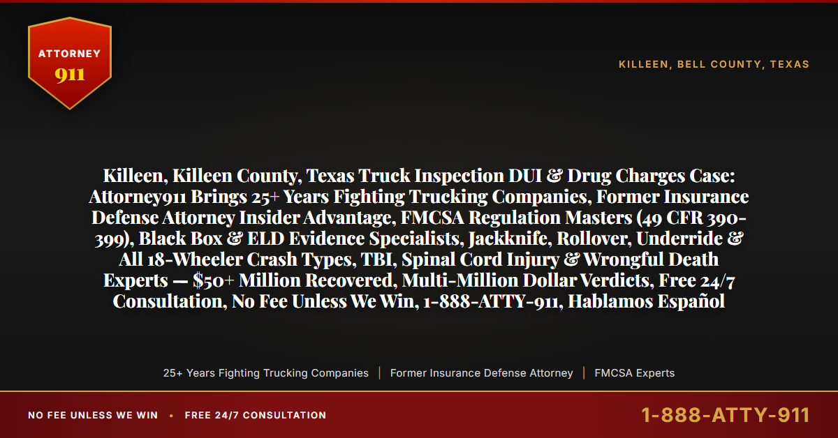 Killeen, Killeen County, Texas Truck Inspection DUI & Drug Charges Case: Attorney911 Brings 25+ Years Fighting Trucking Companies, Former Insurance Defense Attorney Insider Advantage, FMCSA Regulation Masters (49 CFR 390-399), Black Box & ELD Evidence Specialists, Jackknife, Rollover, Underride & All 18-Wheeler Crash Types, TBI, Spinal Cord Injury & Wrongful Death Experts — $50+ Million Recovered, Multi-Million Dollar Verdicts, Free 24/7 Consultation, No Fee Unless We Win, 1-888-ATTY-911, Hablamos Español - Attorney911