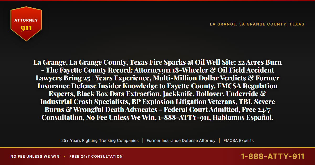 La Grange, La Grange County, Texas Fire Sparks at Oil Well Site; 22 Acres Burn - The Fayette County Record: Attorney911 18-Wheeler & Oil Field Accident Lawyers Bring 25+ Years Experience, Multi-Million Dollar Verdicts & Former Insurance Defense Insider Knowledge to Fayette County. FMCSA Regulation Experts, Black Box Data Extraction, Jackknife, Rollover, Underride & Industrial Crash Specialists, BP Explosion Litigation Veterans, TBI, Severe Burns & Wrongful Death Advocates - Federal Court Admitted, Free 24/7 Consultation, No Fee Unless We Win, 1-888-ATTY-911, Hablamos Español. - Attorney911