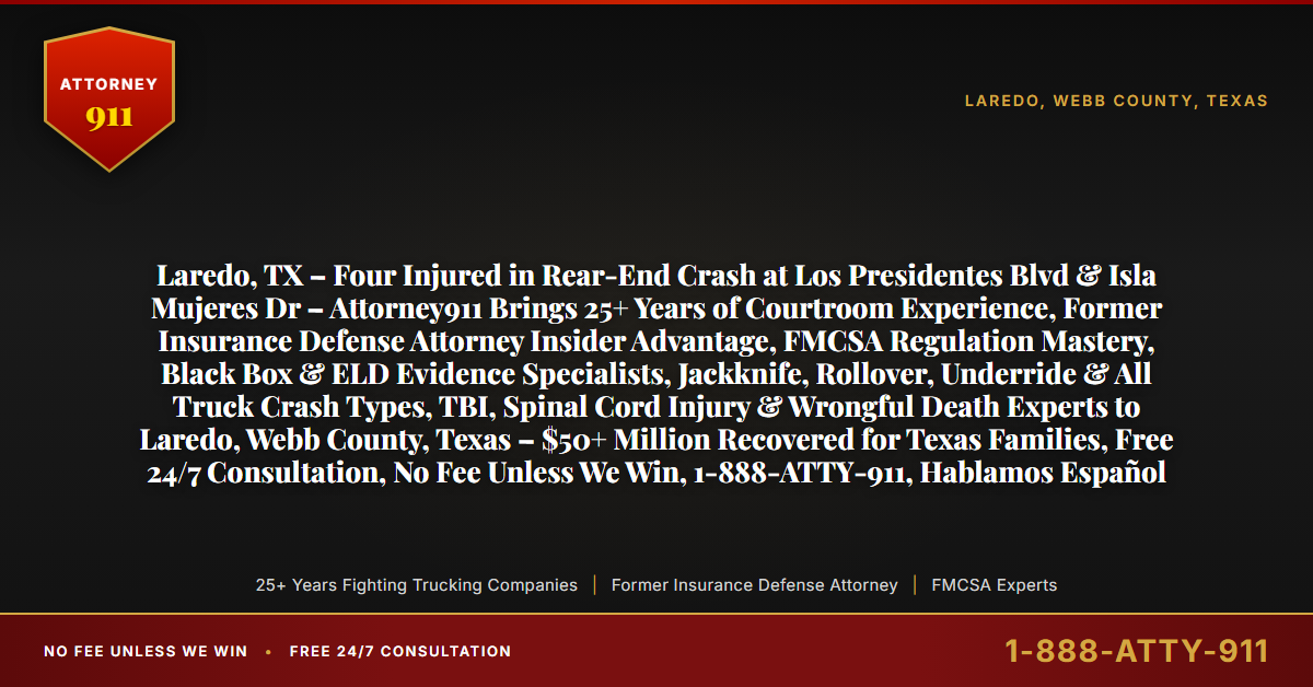 Laredo, TX – Four Injured in Rear-End Crash at Los Presidentes Blvd & Isla Mujeres Dr – Attorney911 Brings 25+ Years of Courtroom Experience, Former Insurance Defense Attorney Insider Advantage, FMCSA Regulation Mastery, Black Box & ELD Evidence Specialists, Jackknife, Rollover, Underride & All Truck Crash Types, TBI, Spinal Cord Injury & Wrongful Death Experts to Laredo, Webb County, Texas – $50+ Million Recovered for Texas Families, Free 24/7 Consultation, No Fee Unless We Win, 1-888-ATTY-911, Hablamos Español - Attorney911