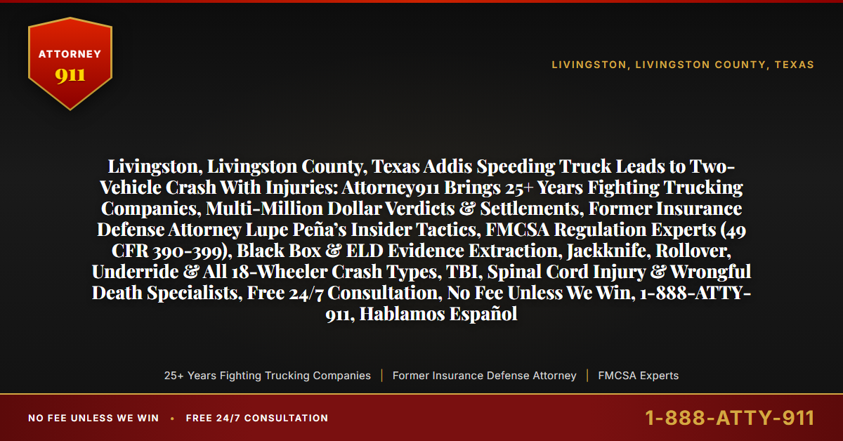 Livingston, Livingston County, Texas Addis Speeding Truck Leads to Two-Vehicle Crash With Injuries: Attorney911 Brings 25+ Years Fighting Trucking Companies, Multi-Million Dollar Verdicts & Settlements, Former Insurance Defense Attorney Lupe Peña’s Insider Tactics, FMCSA Regulation Experts (49 CFR 390-399), Black Box & ELD Evidence Extraction, Jackknife, Rollover, Underride & All 18-Wheeler Crash Types, TBI, Spinal Cord Injury & Wrongful Death Specialists, Free 24/7 Consultation, No Fee Unless We Win, 1-888-ATTY-911, Hablamos Español - Attorney911