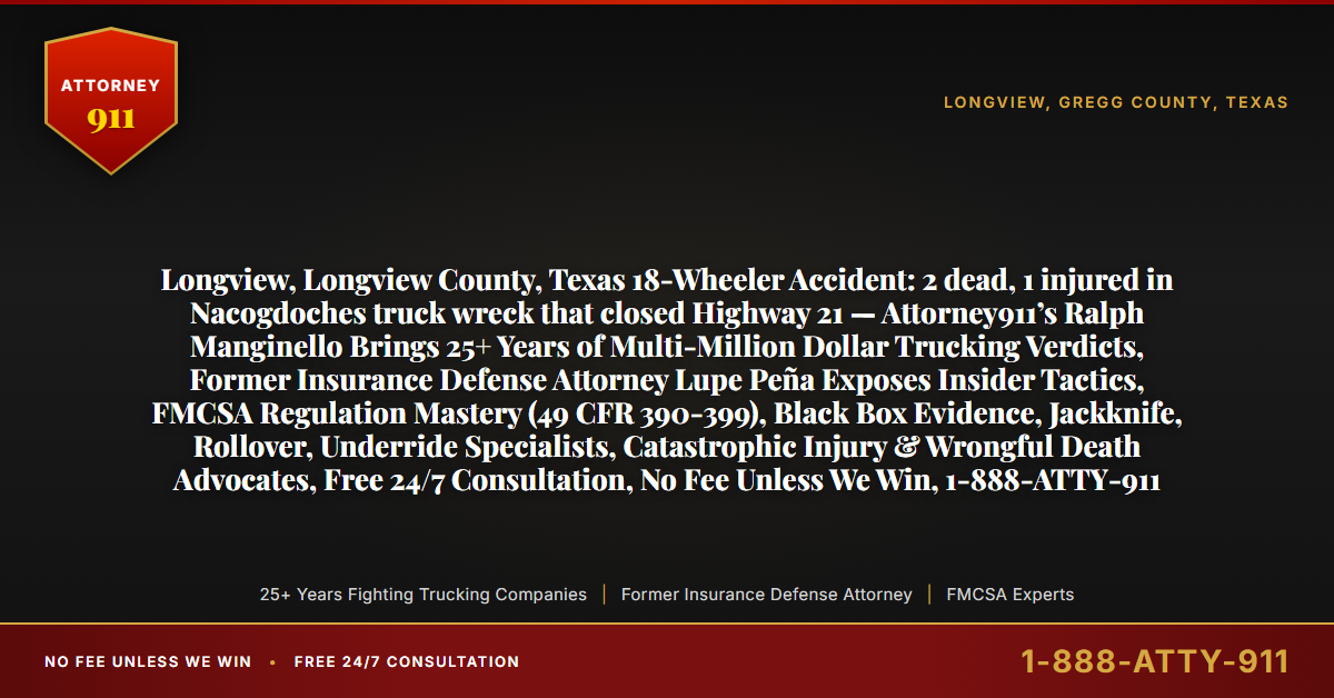 Longview, Longview County, Texas 18-Wheeler Accident: 2 dead, 1 injured in Nacogdoches truck wreck that closed Highway 21 — Attorney911’s Ralph Manginello Brings 25+ Years of Multi-Million Dollar Trucking Verdicts, Former Insurance Defense Attorney Lupe Peña Exposes Insider Tactics, FMCSA Regulation Mastery (49 CFR 390-399), Black Box Evidence, Jackknife, Rollover, Underride Specialists, Catastrophic Injury & Wrongful Death Advocates, Free 24/7 Consultation, No Fee Unless We Win, 1-888-ATTY-911 - Attorney911