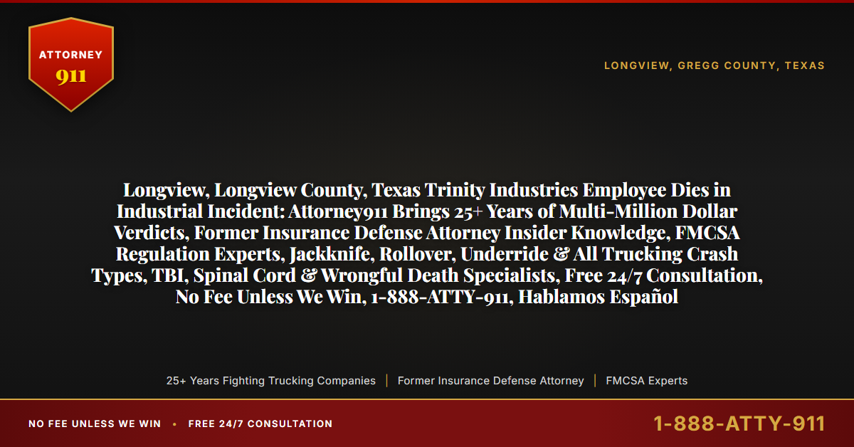 Longview, Longview County, Texas Trinity Industries Employee Dies in Industrial Incident: Attorney911 Brings 25+ Years of Multi-Million Dollar Verdicts, Former Insurance Defense Attorney Insider Knowledge, FMCSA Regulation Experts, Jackknife, Rollover, Underride & All Trucking Crash Types, TBI, Spinal Cord & Wrongful Death Specialists, Free 24/7 Consultation, No Fee Unless We Win, 1-888-ATTY-911, Hablamos Español - Attorney911