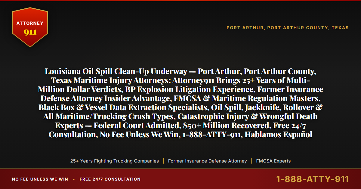Louisiana Oil Spill Clean-Up Underway — Port Arthur, Port Arthur County, Texas Maritime Injury Attorneys: Attorney911 Brings 25+ Years of Multi-Million Dollar Verdicts, BP Explosion Litigation Experience, Former Insurance Defense Attorney Insider Advantage, FMCSA & Maritime Regulation Masters, Black Box & Vessel Data Extraction Specialists, Oil Spill, Jackknife, Rollover & All Maritime/Trucking Crash Types, Catastrophic Injury & Wrongful Death Experts — Federal Court Admitted, $50+ Million Recovered, Free 24/7 Consultation, No Fee Unless We Win, 1-888-ATTY-911, Hablamos Español - Attorney911