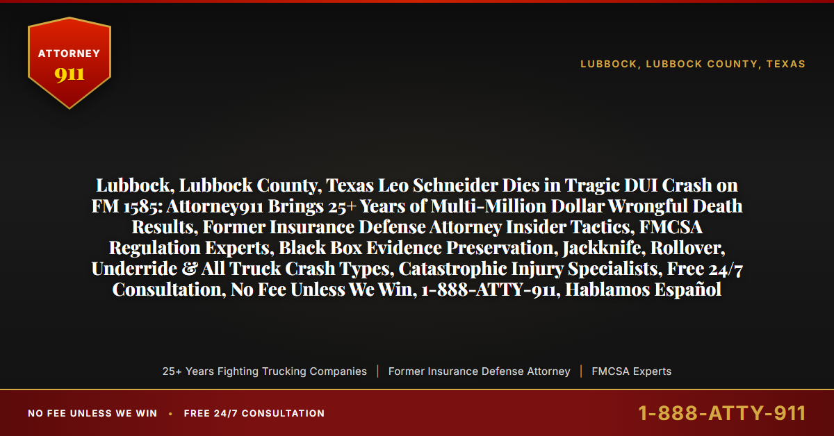 Lubbock, Lubbock County, Texas Leo Schneider Dies in Tragic DUI Crash on FM 1585: Attorney911 Brings 25+ Years of Multi-Million Dollar Wrongful Death Results, Former Insurance Defense Attorney Insider Tactics, FMCSA Regulation Experts, Black Box Evidence Preservation, Jackknife, Rollover, Underride & All Truck Crash Types, Catastrophic Injury Specialists, Free 24/7 Consultation, No Fee Unless We Win, 1-888-ATTY-911, Hablamos Español - Attorney911