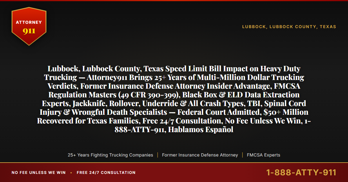 Lubbock, Lubbock County, Texas Speed Limit Bill Impact on Heavy Duty Trucking — Attorney911 Brings 25+ Years of Multi-Million Dollar Trucking Verdicts, Former Insurance Defense Attorney Insider Advantage, FMCSA Regulation Masters (49 CFR 390-399), Black Box & ELD Data Extraction Experts, Jackknife, Rollover, Underride & All Crash Types, TBI, Spinal Cord Injury & Wrongful Death Specialists — Federal Court Admitted, $50+ Million Recovered for Texas Families, Free 24/7 Consultation, No Fee Unless We Win, 1-888-ATTY-911, Hablamos Español - Attorney911