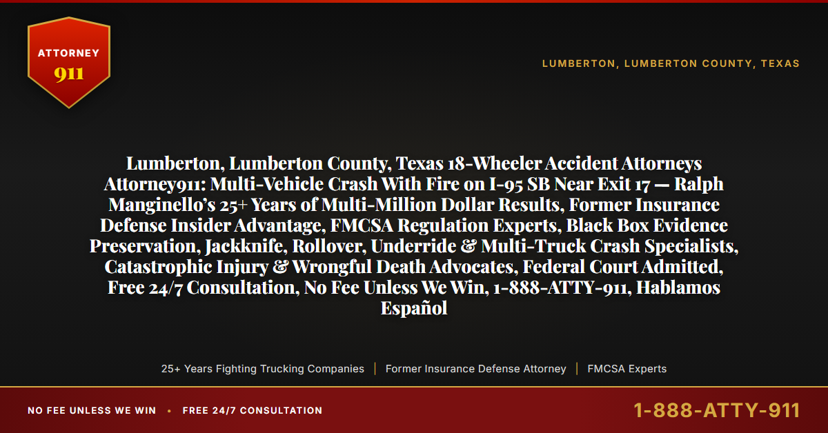 Lumberton, Lumberton County, Texas 18-Wheeler Accident Attorneys Attorney911: Multi-Vehicle Crash With Fire on I-95 SB Near Exit 17 — Ralph Manginello’s 25+ Years of Multi-Million Dollar Results, Former Insurance Defense Insider Advantage, FMCSA Regulation Experts, Black Box Evidence Preservation, Jackknife, Rollover, Underride & Multi-Truck Crash Specialists, Catastrophic Injury & Wrongful Death Advocates, Federal Court Admitted, Free 24/7 Consultation, No Fee Unless We Win, 1-888-ATTY-911, Hablamos Español - Attorney911