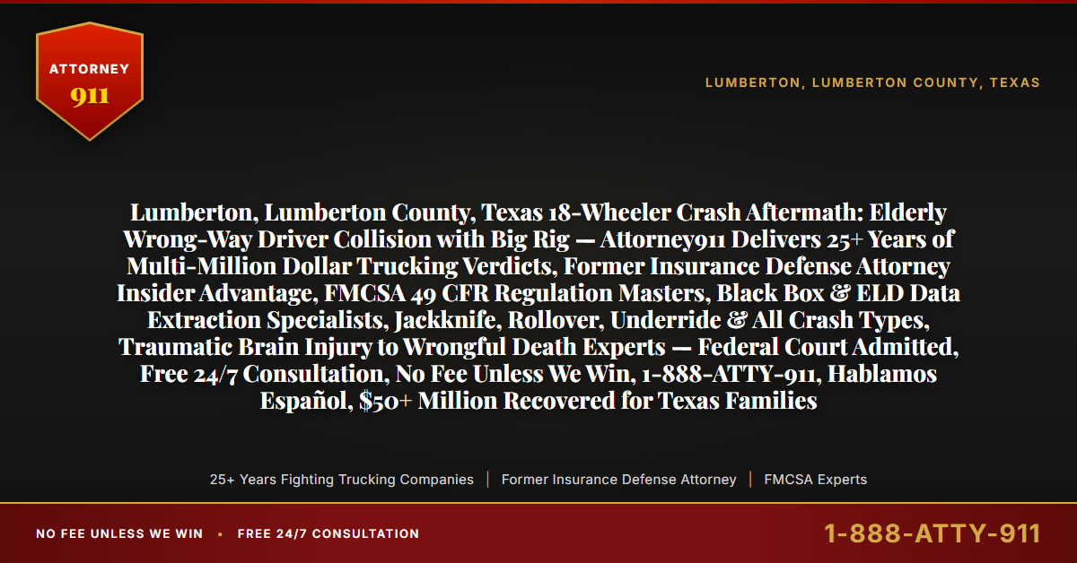 Lumberton, Lumberton County, Texas 18-Wheeler Crash Aftermath: Elderly Wrong-Way Driver Collision with Big Rig — Attorney911 Delivers 25+ Years of Multi-Million Dollar Trucking Verdicts, Former Insurance Defense Attorney Insider Advantage, FMCSA 49 CFR Regulation Masters, Black Box & ELD Data Extraction Specialists, Jackknife, Rollover, Underride & All Crash Types, Traumatic Brain Injury to Wrongful Death Experts — Federal Court Admitted, Free 24/7 Consultation, No Fee Unless We Win, 1-888-ATTY-911, Hablamos Español, $50+ Million Recovered for Texas Families - Attorney911