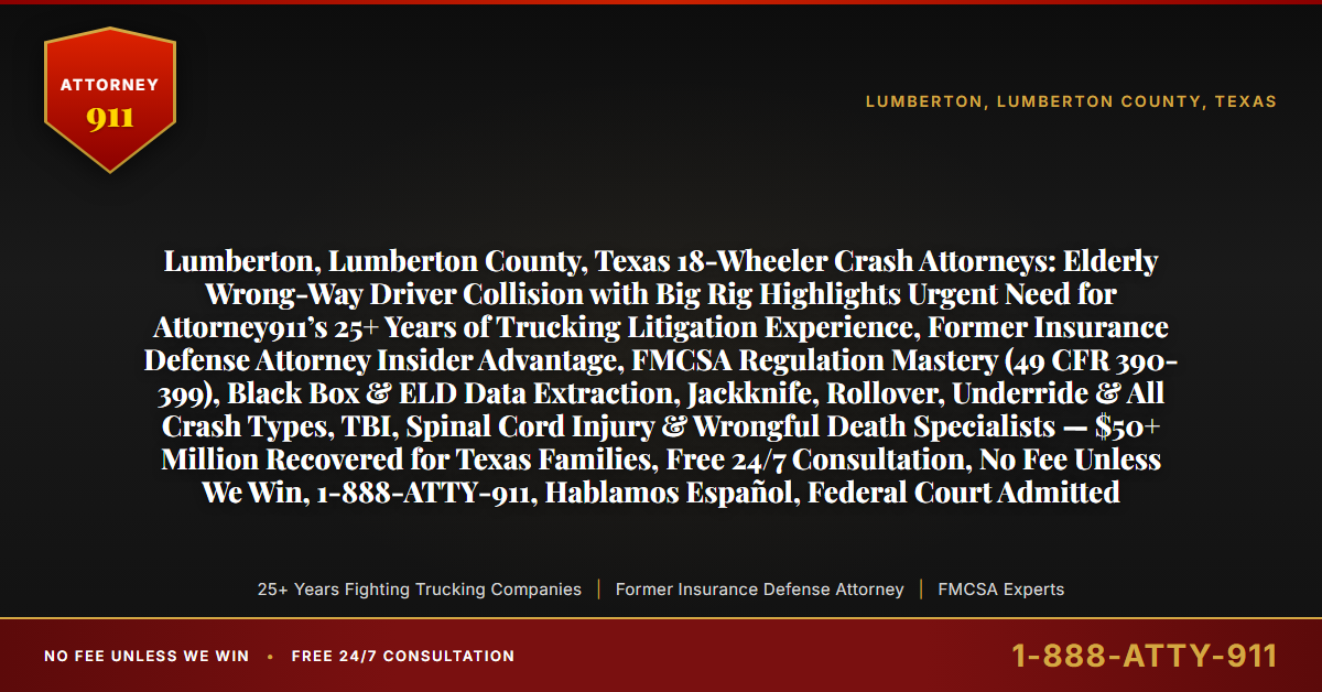 Lumberton, Lumberton County, Texas 18-Wheeler Crash Attorneys: Elderly Wrong-Way Driver Collision with Big Rig Highlights Urgent Need for Attorney911’s 25+ Years of Trucking Litigation Experience, Former Insurance Defense Attorney Insider Advantage, FMCSA Regulation Mastery (49 CFR 390-399), Black Box & ELD Data Extraction, Jackknife, Rollover, Underride & All Crash Types, TBI, Spinal Cord Injury & Wrongful Death Specialists — $50+ Million Recovered for Texas Families, Free 24/7 Consultation, No Fee Unless We Win, 1-888-ATTY-911, Hablamos Español, Federal Court Admitted - Attorney911