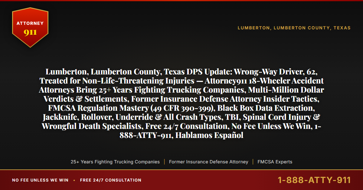 Lumberton, Lumberton County, Texas DPS Update: Wrong-Way Driver, 62, Treated for Non-Life-Threatening Injuries — Attorney911 18-Wheeler Accident Attorneys Bring 25+ Years Fighting Trucking Companies, Multi-Million Dollar Verdicts & Settlements, Former Insurance Defense Attorney Insider Tactics, FMCSA Regulation Mastery (49 CFR 390-399), Black Box Data Extraction, Jackknife, Rollover, Underride & All Crash Types, TBI, Spinal Cord Injury & Wrongful Death Specialists, Free 24/7 Consultation, No Fee Unless We Win, 1-888-ATTY-911, Hablamos Español - Attorney911