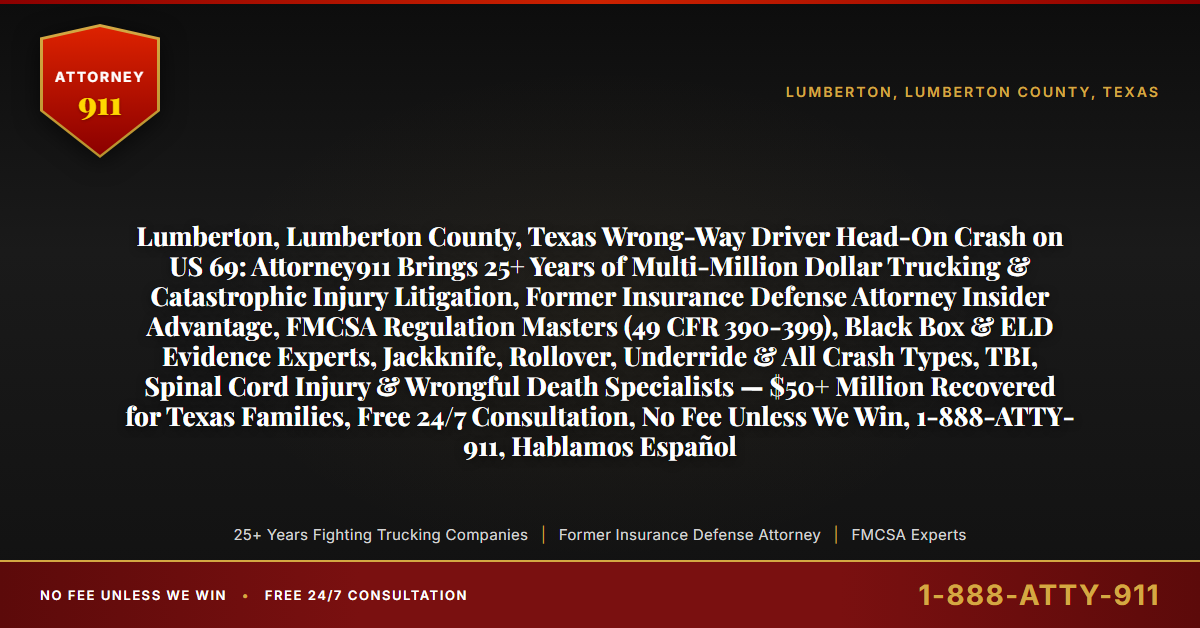 Lumberton, Lumberton County, Texas Wrong-Way Driver Head-On Crash on US 69: Attorney911 Brings 25+ Years of Multi-Million Dollar Trucking & Catastrophic Injury Litigation, Former Insurance Defense Attorney Insider Advantage, FMCSA Regulation Masters (49 CFR 390-399), Black Box & ELD Evidence Experts, Jackknife, Rollover, Underride & All Crash Types, TBI, Spinal Cord Injury & Wrongful Death Specialists — $50+ Million Recovered for Texas Families, Free 24/7 Consultation, No Fee Unless We Win, 1-888-ATTY-911, Hablamos Español - Attorney911