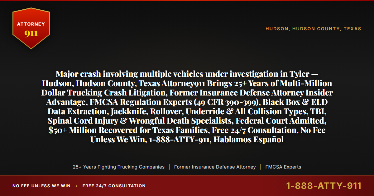 Major crash involving multiple vehicles under investigation in Tyler — Hudson, Hudson County, Texas Attorney911 Brings 25+ Years of Multi-Million Dollar Trucking Crash Litigation, Former Insurance Defense Attorney Insider Advantage, FMCSA Regulation Experts (49 CFR 390-399), Black Box & ELD Data Extraction, Jackknife, Rollover, Underride & All Collision Types, TBI, Spinal Cord Injury & Wrongful Death Specialists, Federal Court Admitted, $50+ Million Recovered for Texas Families, Free 24/7 Consultation, No Fee Unless We Win, 1-888-ATTY-911, Hablamos Español - Attorney911