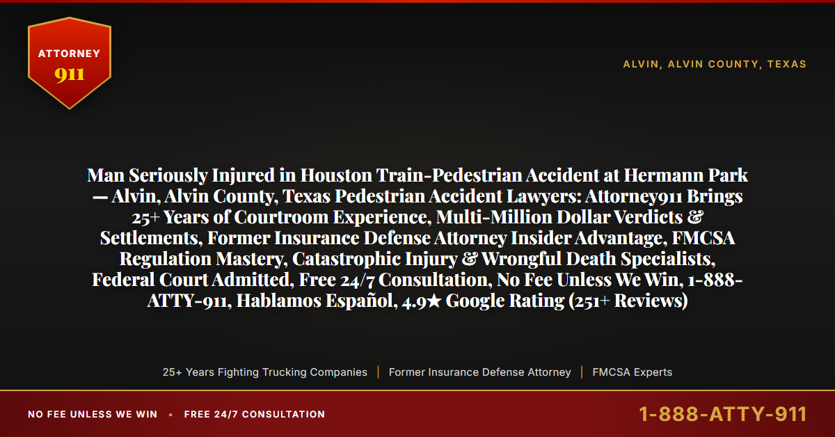 Man Seriously Injured in Houston Train-Pedestrian Accident at Hermann Park — Alvin, Alvin County, Texas Pedestrian Accident Lawyers: Attorney911 Brings 25+ Years of Courtroom Experience, Multi-Million Dollar Verdicts & Settlements, Former Insurance Defense Attorney Insider Advantage, FMCSA Regulation Mastery, Catastrophic Injury & Wrongful Death Specialists, Federal Court Admitted, Free 24/7 Consultation, No Fee Unless We Win, 1-888-ATTY-911, Hablamos Español, 4.9★ Google Rating (251+ Reviews) - Attorney911